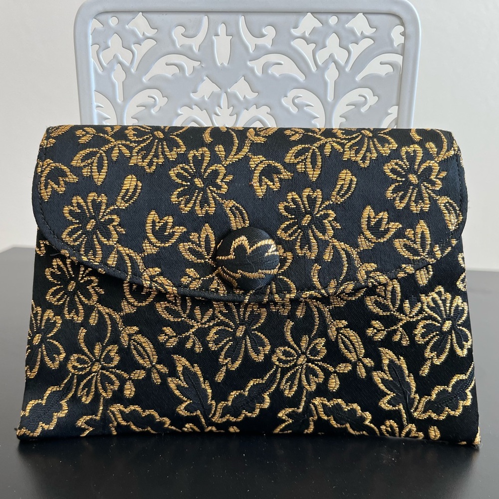 Black and Gold Floral Print Clutch